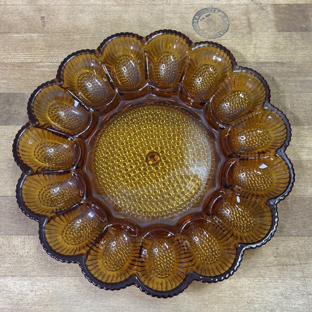 Vintage Indiana Glass Amber Hobnail Starburst Deviled Egg Plate MCM 1960s 70s